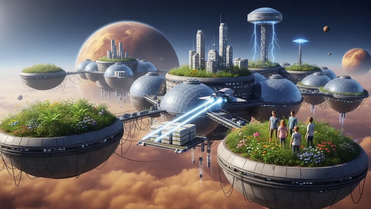 A Futuristic Vision of Urban Life: Floating Islands with Advanced Infrastructure and Harmony in Nature Amidst a Celestial Setting