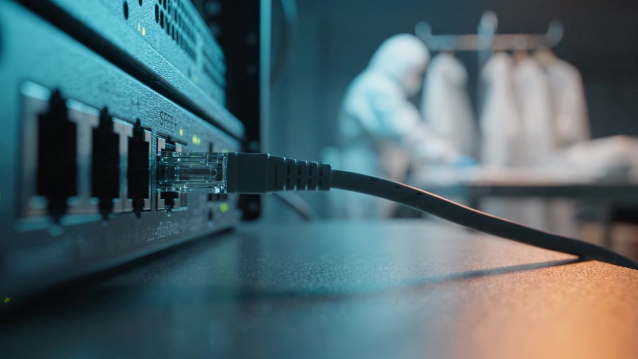 Close-ups of Network Equipment with Connected Ethernet Cable in Modern Environment Highlighting Technology and Data Connectivity in a Dimly Lit Room