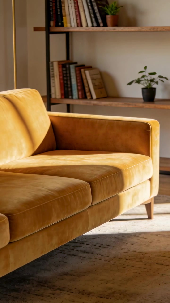 Video verticale: Telecamera che panoramica rivelando un divano color senape, un pouf e una libreria in un soggiorno illuminato dal sole.