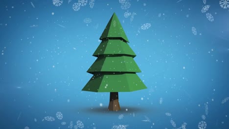 Snowflakes-falling-over-spinning-christmas-tree-icon-against-blue-background