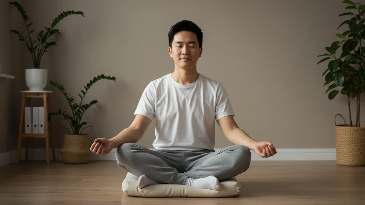 A Calm and Peaceful Meditation Session at Home: A Man Reflects in a Serene and Tranquil Environment, Embracing Mindfulness and Inner Peace