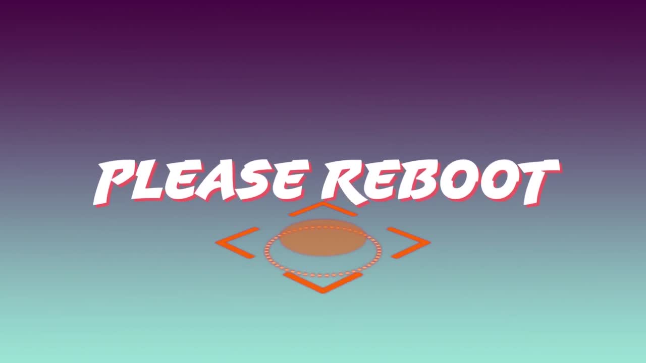 Animation of white text please reboot, with rotating orange scope, on graduated blue background