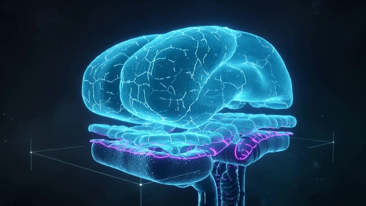 Playing cyan holographic brain rotating right in dark visual space, revealing magenta layers