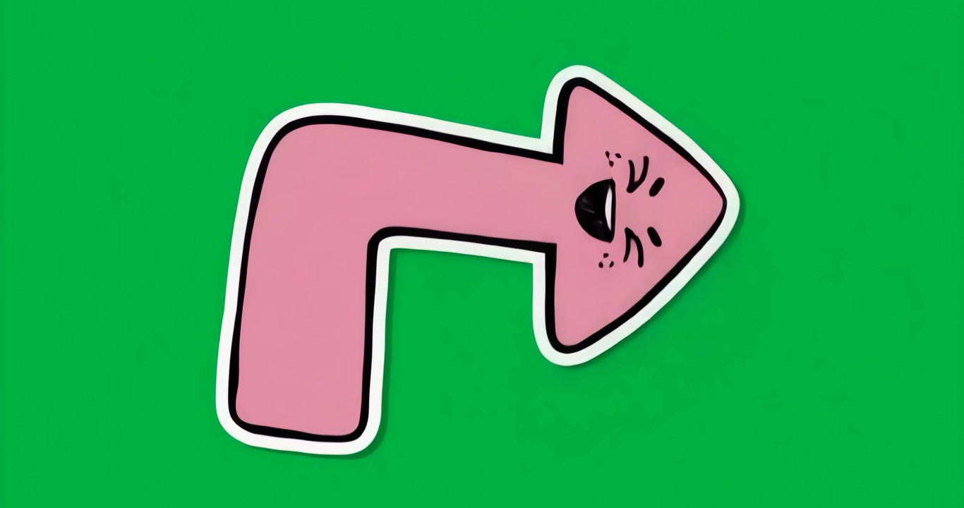 Diseñadores colocando flecha rosa doblada de dibujos animados para diapositiva de negocios sobre fondo transparente mostrando una cara de garabato