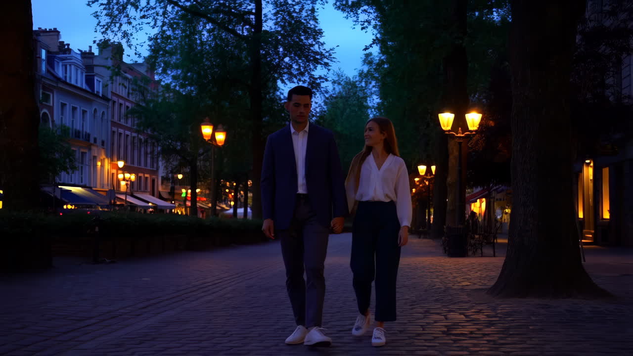 Coppia che cammina mano nella mano in una strada romantica di sera