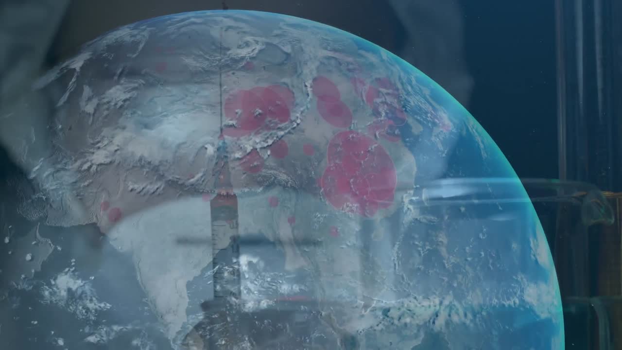 가득 찬 주사기로 회전하는 지구의 애니메이션