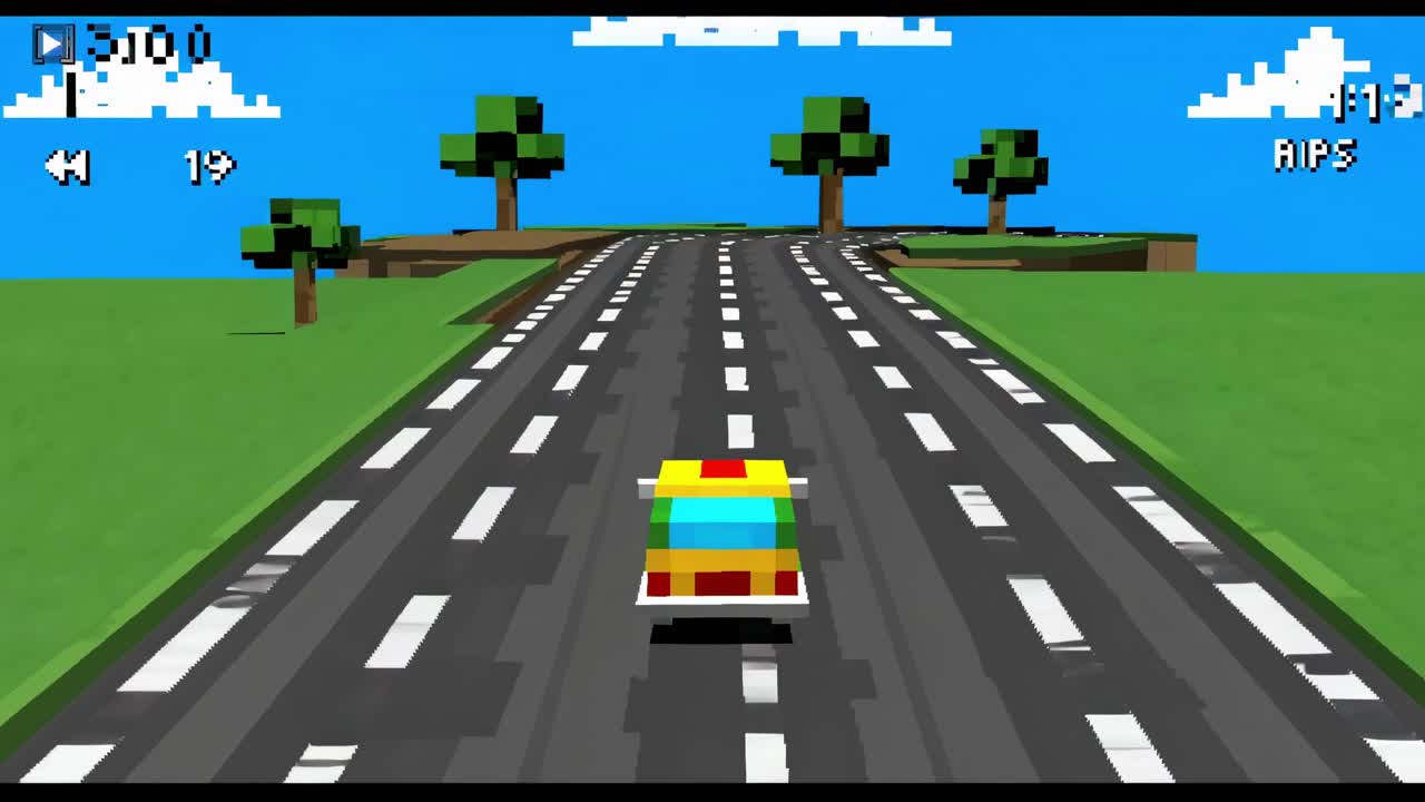 Pixelated vintage car navigating blurred highway, passing verdant trees under bright sky with floating clouds