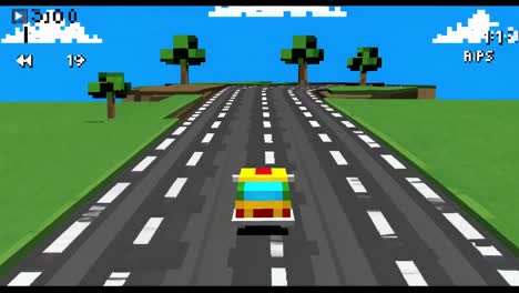 pixelated vintage car navigating blurred highway, passing verdant trees under bright sky with floating clouds