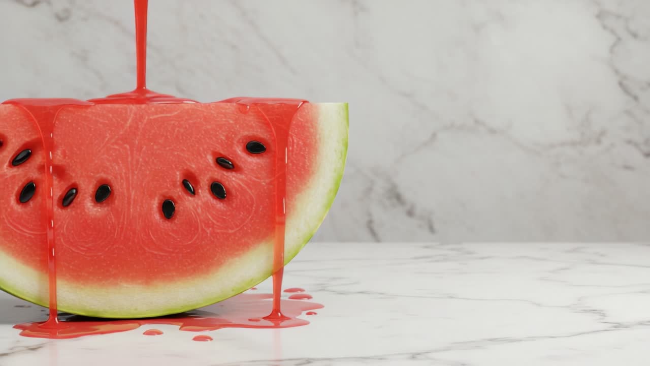A Beautiful Watermelon Slice with Juicy Red Flesh and Dripping Juice on a Marble Surface, Perfectly Capturing the Essence of Refreshing Fruit Delights in Summer