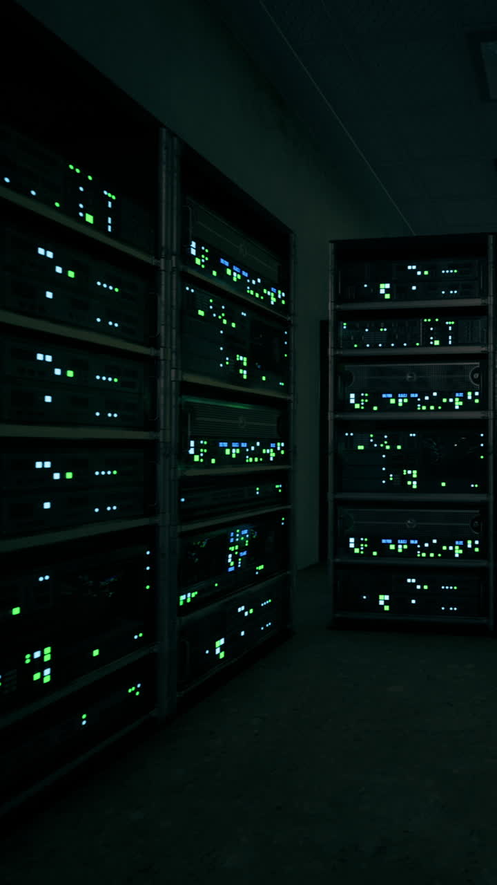 Data center con armadi server che mostrano luci di notte