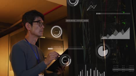 animation of processing circles and graphs over asian man working in server room