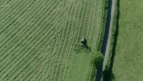 aerial of a tractor tedding alongside a hedgerow and country rural road