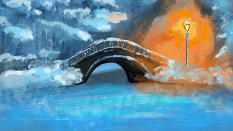 2-D-Animation-Einer-Winterszene-Mit-Steinbrücke,-Schnee,-Eis-Auf-Dem-Wasser-Und-Licht-Im-Wald