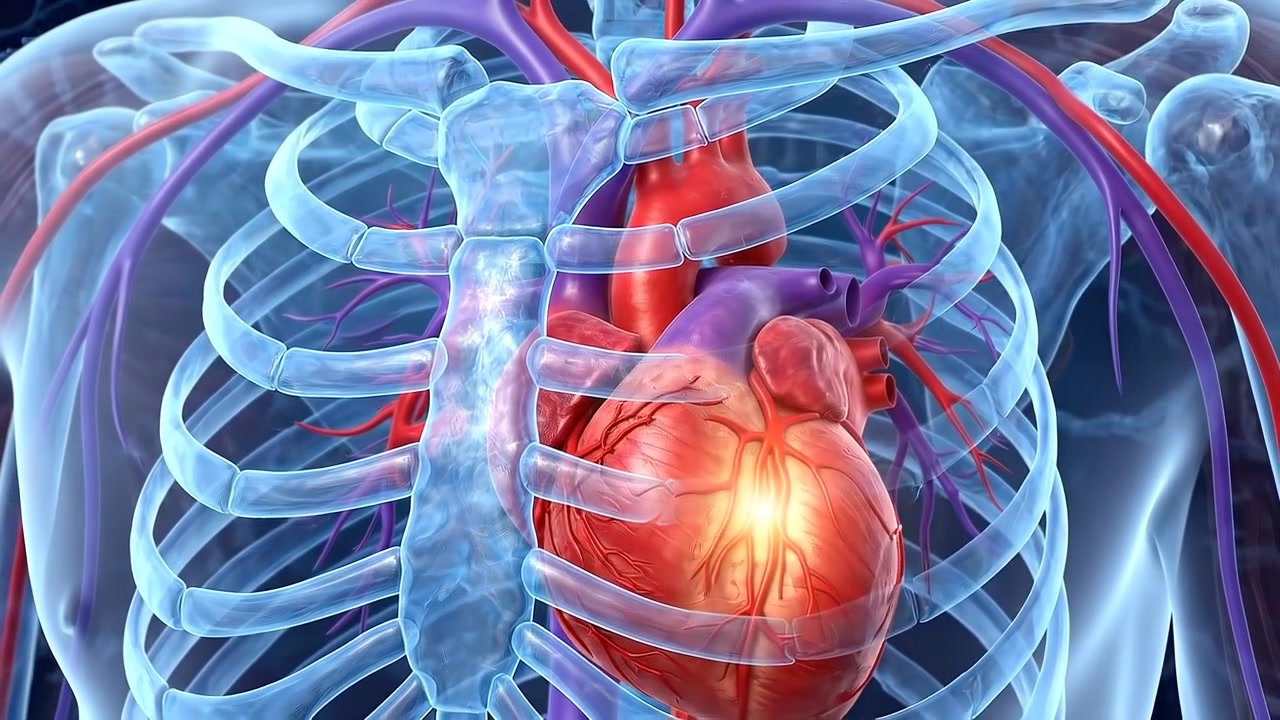 Rendering anatomico del cuore umano e dei vasi principali all'interno della cavità toracica