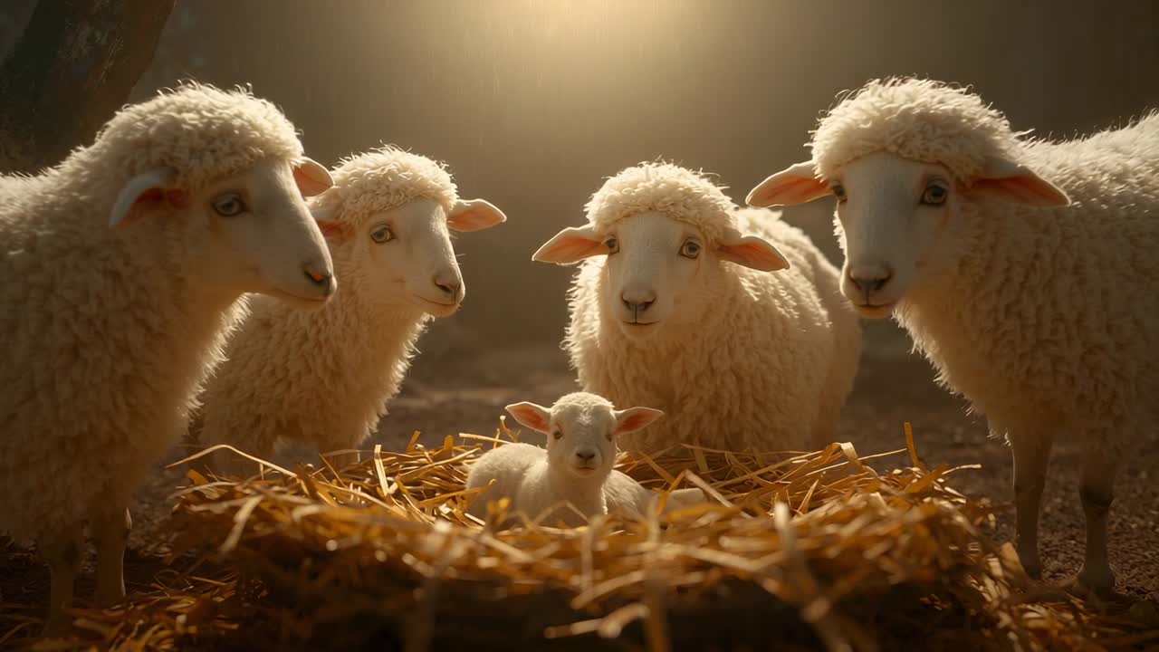 Forming semicircle sheep over straw under warm lamp leaning nudging lamb lifting head and shifting