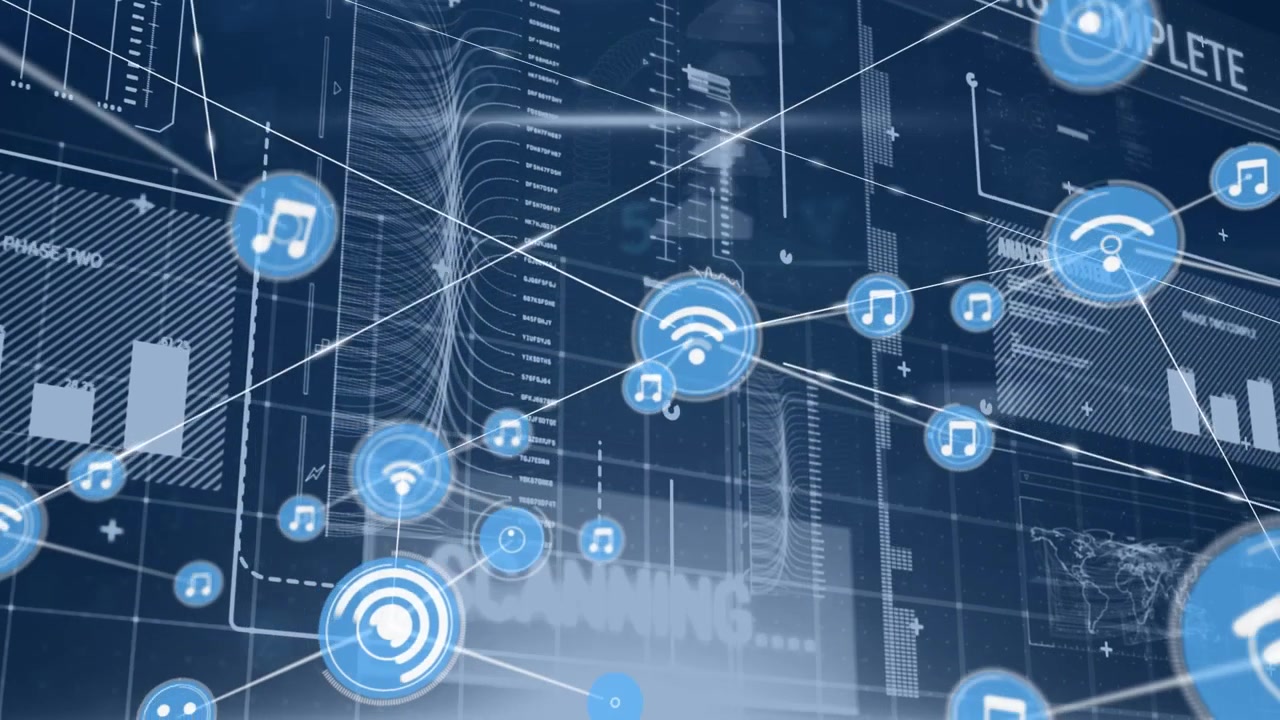 Interfaccia di rete digitale con icone animate e visualizzazione dati