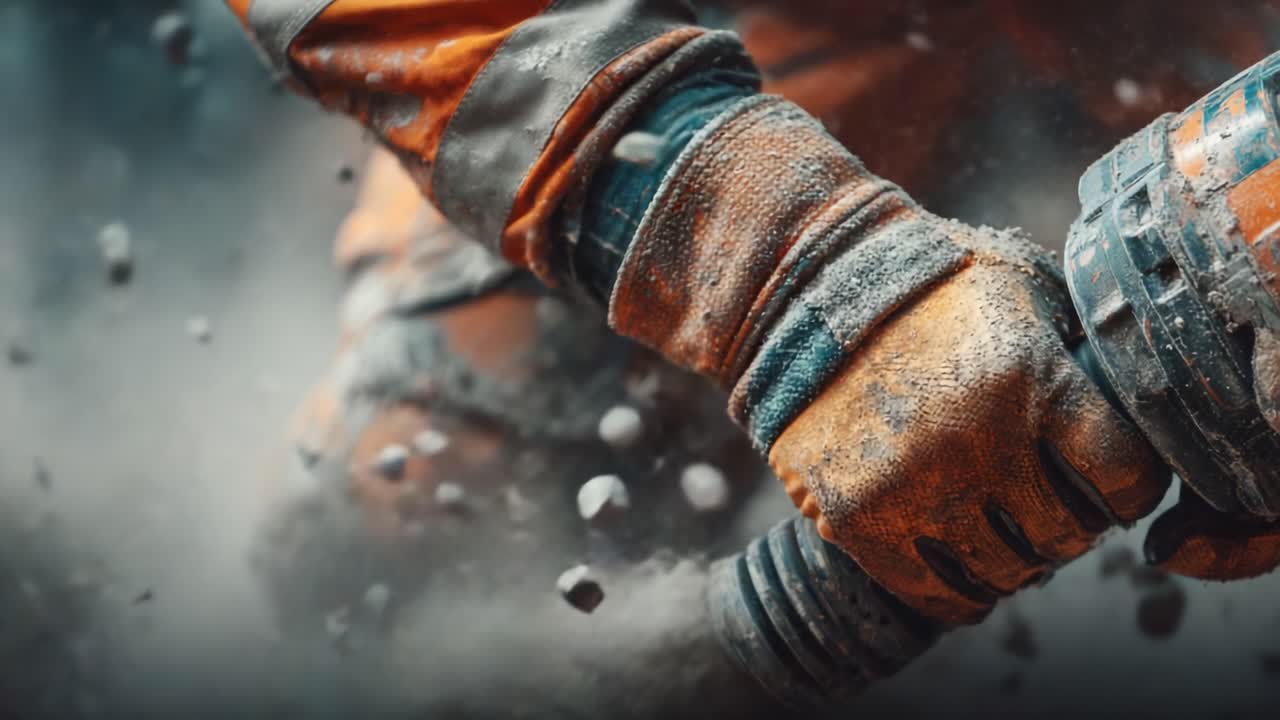 Dynamic Close-Up of Worker with Power Tool in Action, Showcasing Skilled Hands and Dusty Environment During Heavy Construction Activity