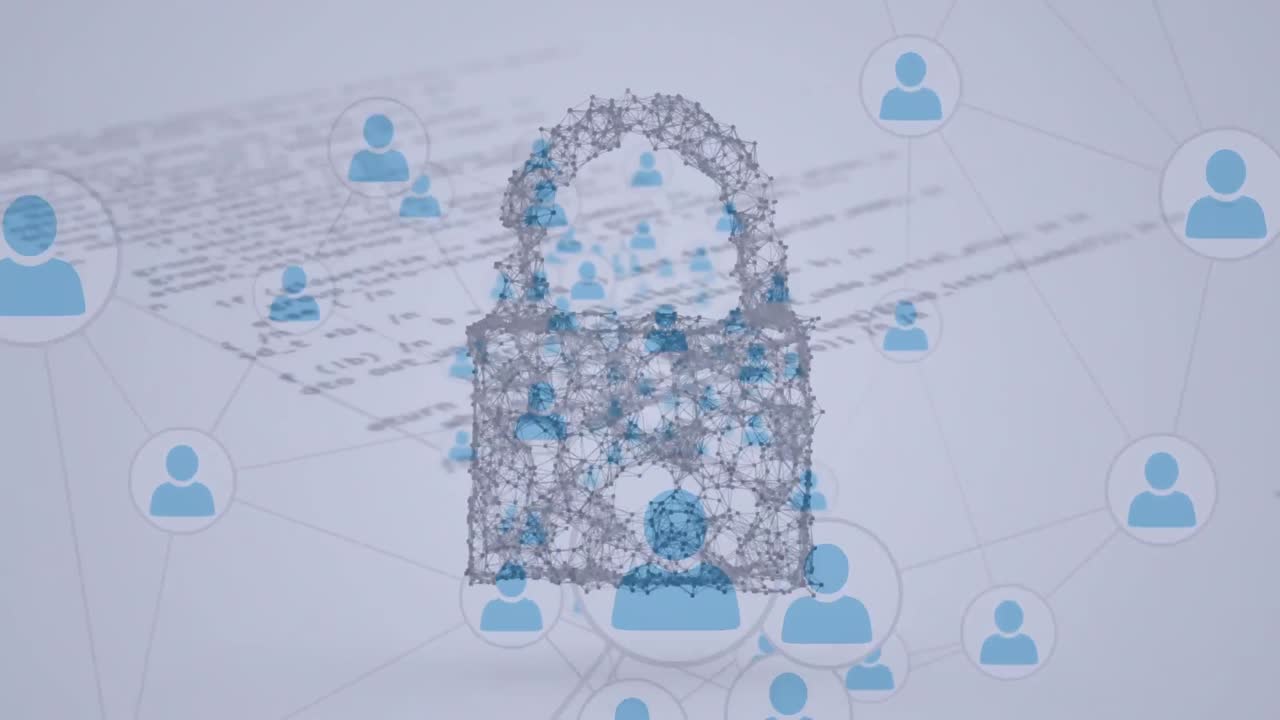 animación del candado de seguridad en línea, redes de conexiones a través del procesamiento de datos