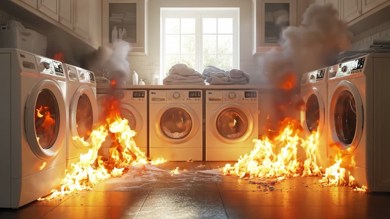 세탁기 와 건조기 한 무리가 세탁실에서 불타고 있다