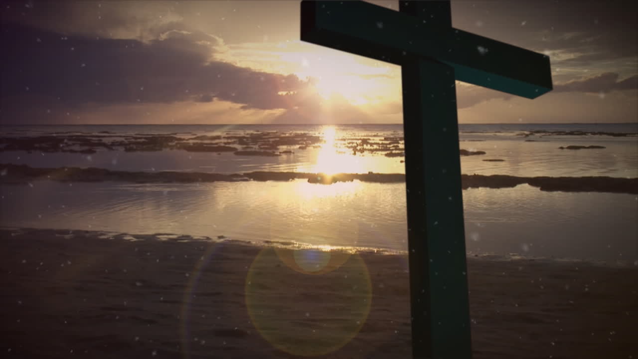 십자가와 해양 풍경 위에 빛나는 불빛의 애니메이션