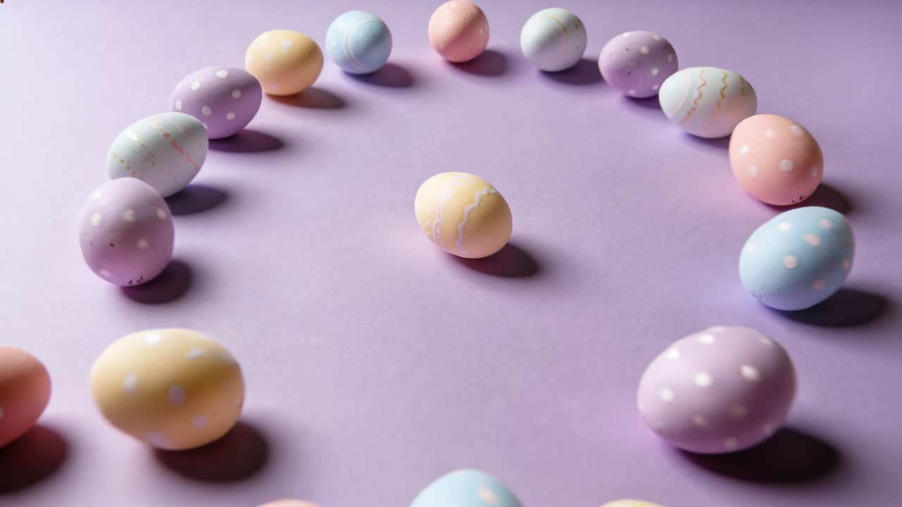 Uova pastello decorate che rotolano e si spostano su un tappeto color lavanda, mosse da una leggera spinta e formando gruppi