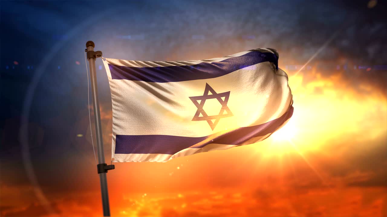 Bandiera di Israele retroilluminata all'alba splendida, in loop, slow motion 4K