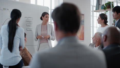 young business woman team leader presenting project strategy showing ideas on whiteboard in office presentation diverse colleagues enjoying training seminar