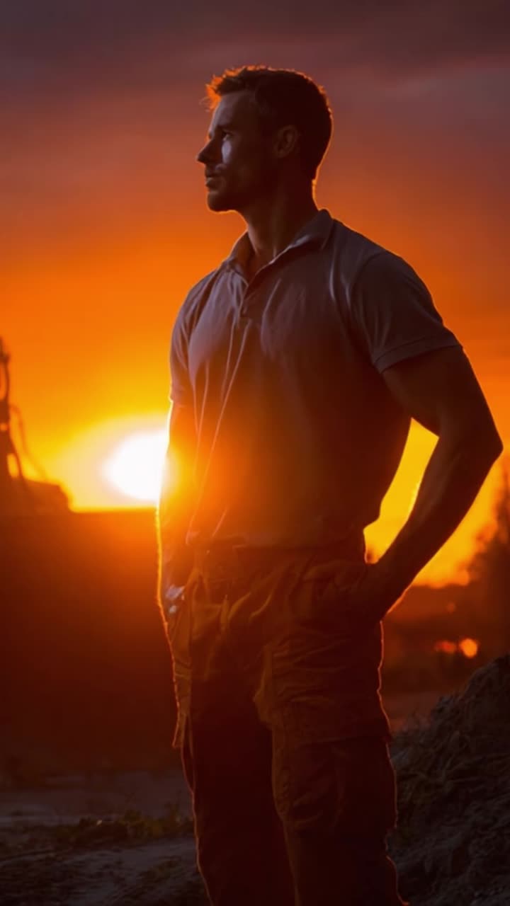 A Reflective Silhouette of a Man Against a Vibrant Sunset Sky Evokes a Sense of Strength, Calmness, and Contemplation in a Stunning Natural Scene