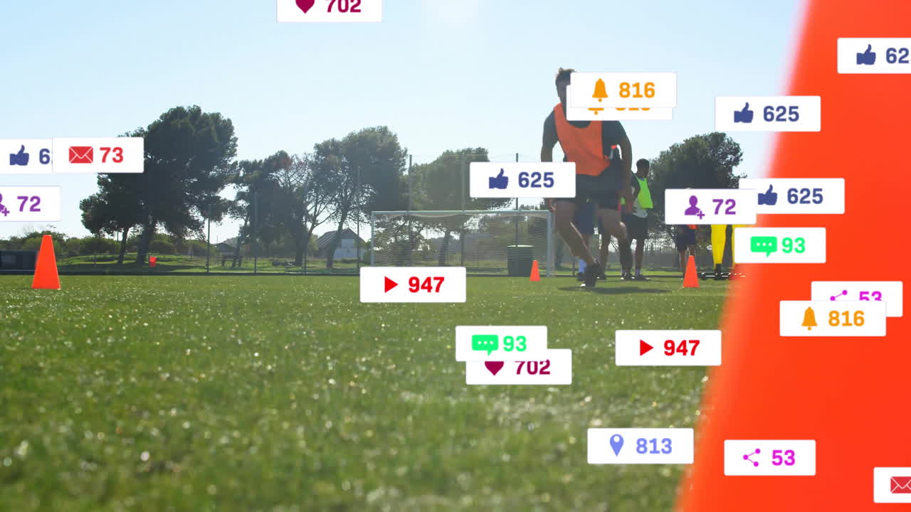 Training on soccer field, people with animation of social media icons floating