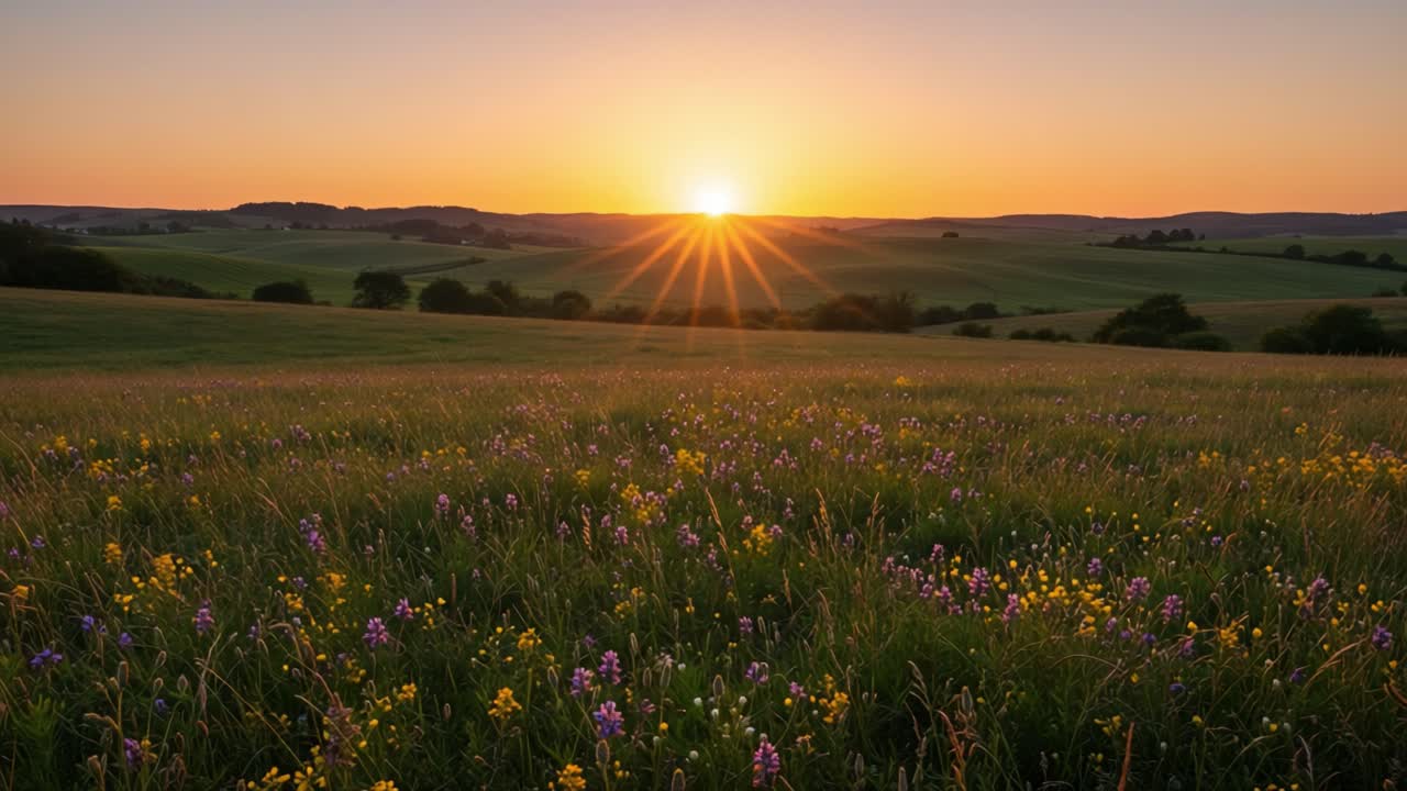 A Stunning Sunrise Over a Vibrant Meadow Filled with Colorful Wildflowers, Capturing the Essence of Nature's Beauty in a Serene Landscape