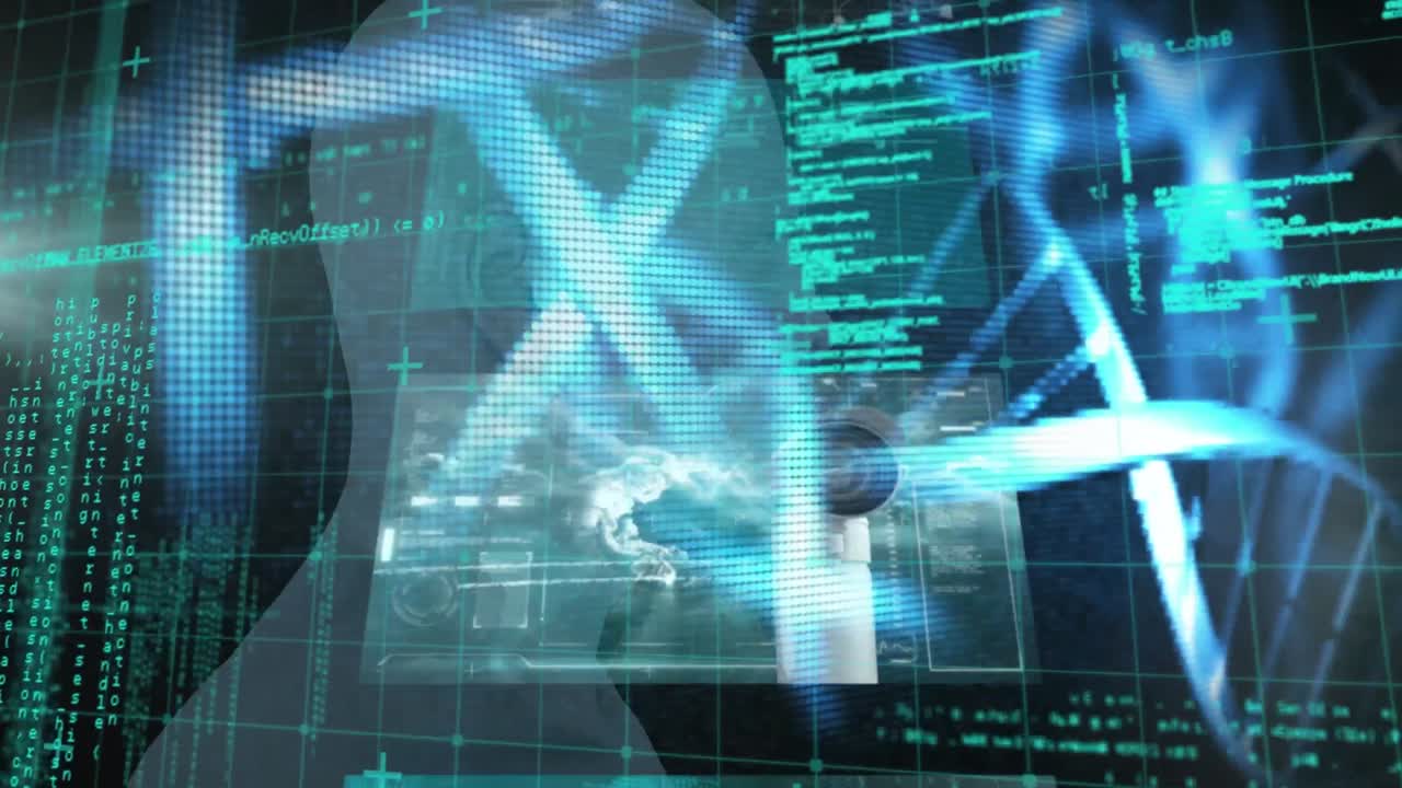 Animation of digital infographic interface over close-up of digital human and programming data