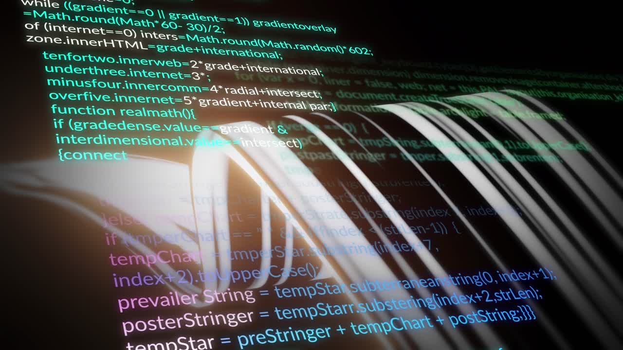 Animation de langage informatique sur un motif ondulé sur fond noir.