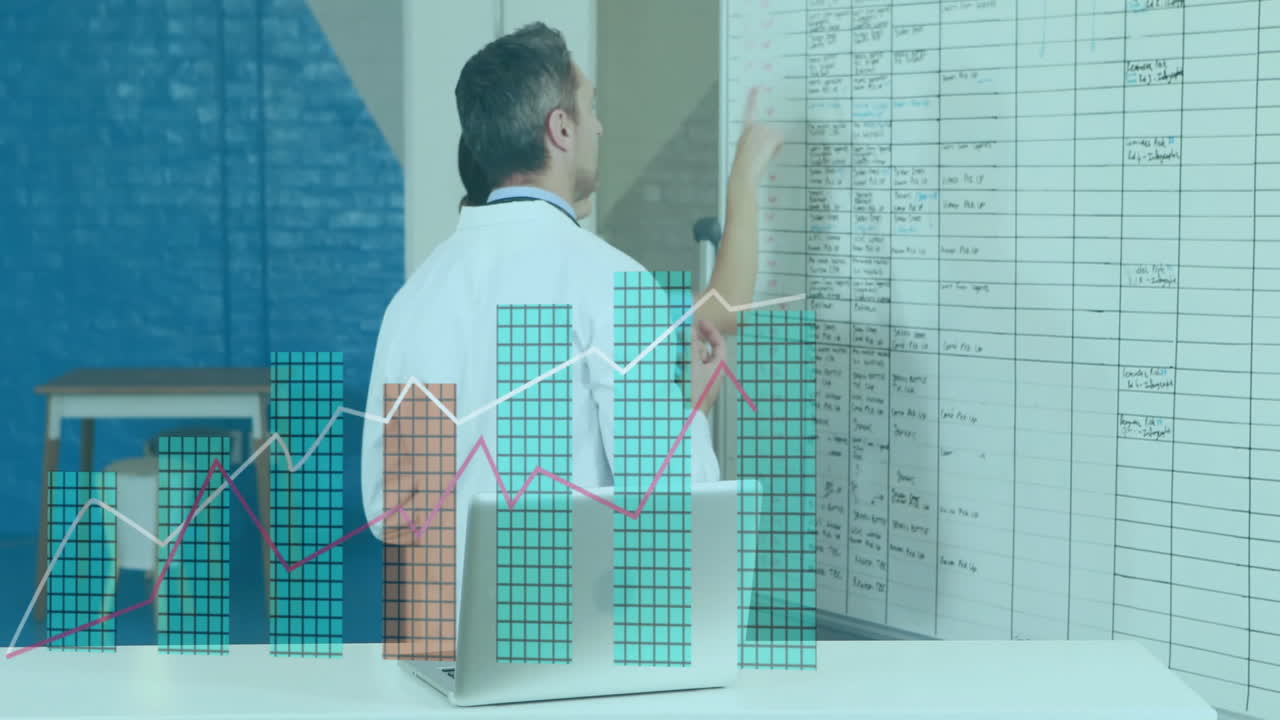Animation of financial data processing over diverse doctors discussing work in hospital