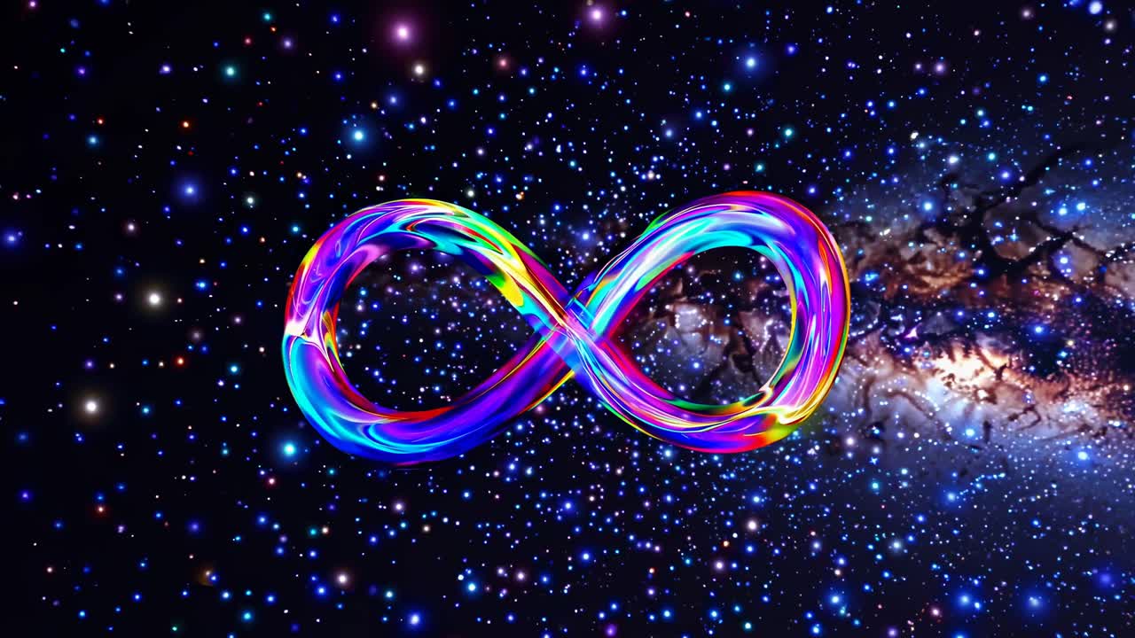 A cosmic-themed video concept featuring a colorful infinity symbol against a starry galaxy backdrop