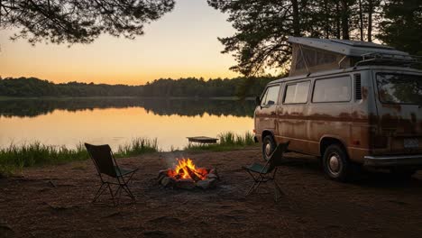a tranquil sunset campsite scene with a cozy fire, vintage van, and peaceful lake reflections, perfect for outdoor relaxation and adventure
