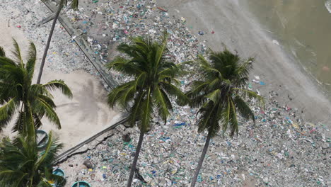 palmeras circulares aéreas, arena de la playa con basura y barcos de pesca tradicionales amarrados