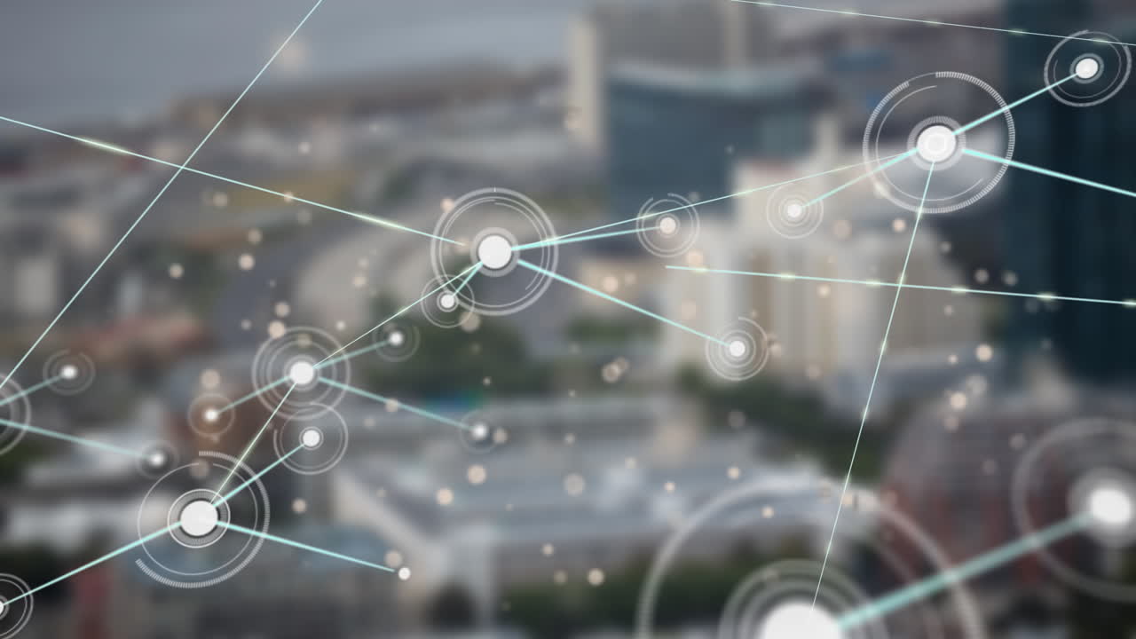 Animation of network of connections and data processing over cityscape