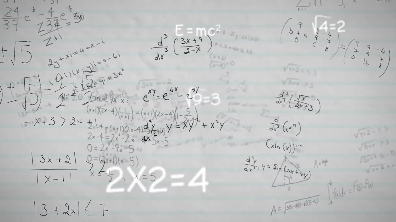 Animation of mathematical equations and diagrams floating against white lined paper background