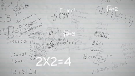 Animation-of-mathematical-equations-and-diagrams-floating-against-white-lined-paper-background