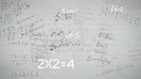 animación de ecuaciones matemáticas y diagramas flotando contra un fondo de papel con líneas blancas