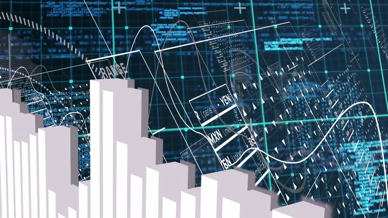 Bright flare starting teal grid data interface panels rotating and sliding, revealing white 3D bars