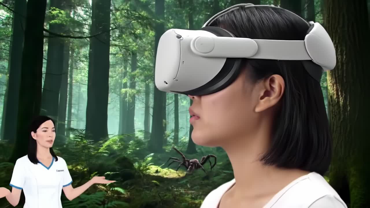 A woman engages with virtual reality technology in a lush forest setting. An animated instructor guides her while a large spider appears nearby, creating an immersive atmosphere.