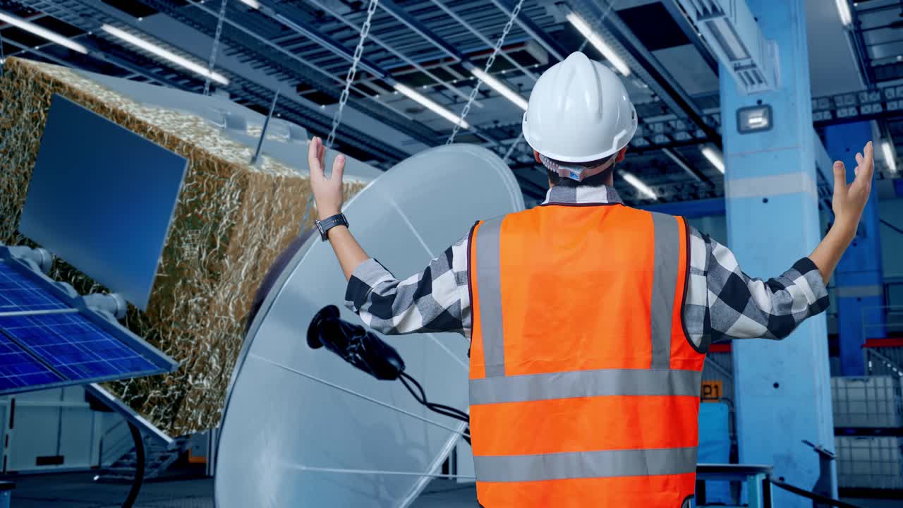 ingeniero inspeccionando paneles solares y de satélite en una instalación