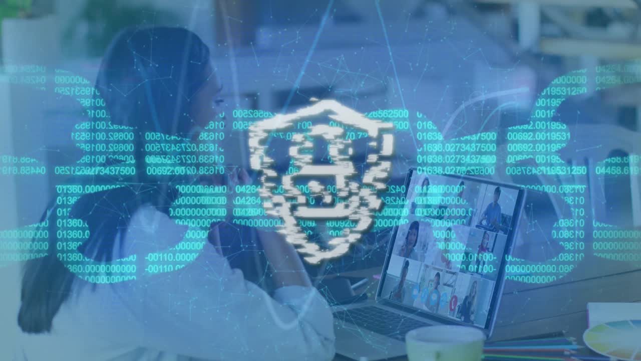 animación de bloqueo de seguridad en línea y cadena sobre personas en llamada de video portátil