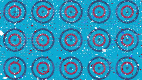confeti colorido cayendo sobre múltiples estrellas en círculos giratorios contra un fondo azul