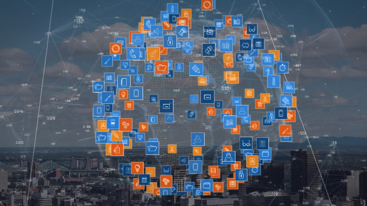 animación de la red de conexiones sobre el paisaje urbano