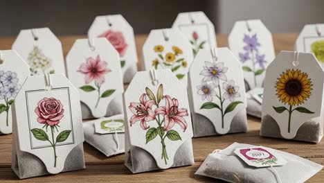 a collection of beautifully illustrated floral tea tags displaying various flower designs, showcasing artistic labeling for tea bags on a natural wooden surface