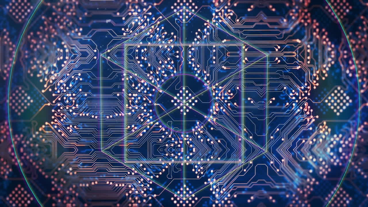 Glowing lines and geometric shapes creating animation on complex circuit board