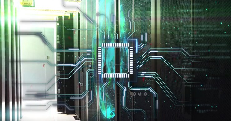 Turquoise energy ribbon emerging triggers chip drawing circuit traces and pulsing to map network