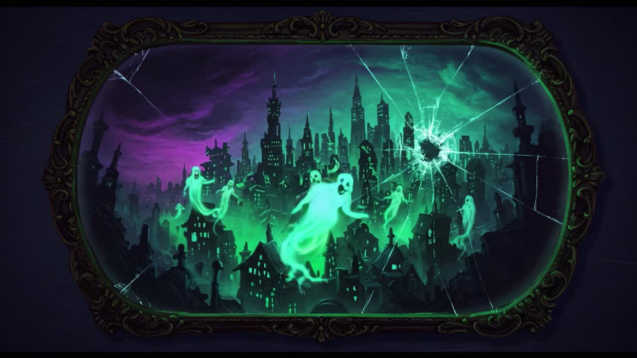 A Haunting Spectacle: A Mystical Cityscape Infused with Ethereal Ghostly Figures Glowing in Green and Surrounded by Shattered Glass, Creating an Enigmatic Atmosphere